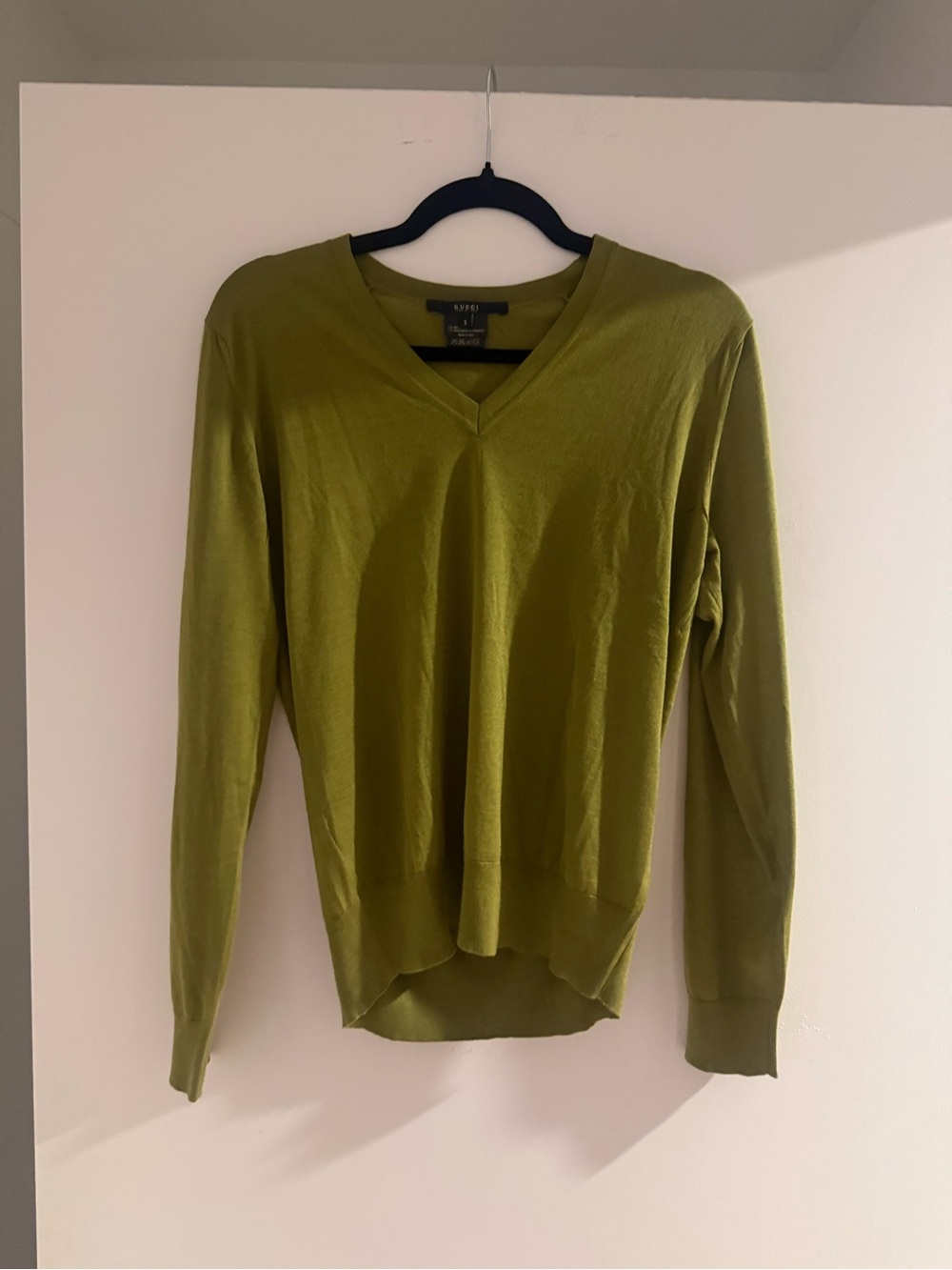 Gucci V-Neck Lightweight Silk & Cashmere Olive Green Sweater Size S